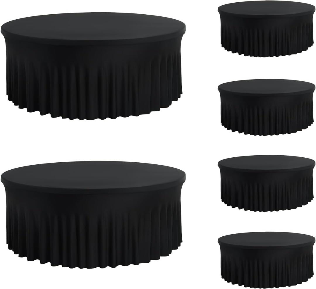 6 Pack Black Round Tablecloth 6FT, Spandex Fitted Table Cover with Elastic Edge and Skirt, Washable Circular Tablecloth for Wedding Party Buffet Banquet Reunion