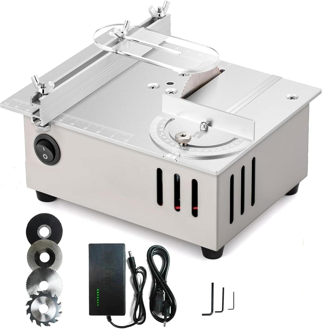Mini Table Saw, 96W Portable Precision Craft Table Saw1/2" Adjustable Cut DepthSeven Speed Adjustable Power Supply & Angle Adjust 4* Blades, for Wood/PCB/Acrylic/Plastic