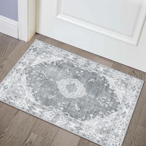 MUJOO Grey Rug 2'x3', Small Washable Area Rugs for Entryway Kitchen Bathroom Bedroom,Boho Vintage Bohemian Distressed Farmhouse Non Slip Carpet, Floral