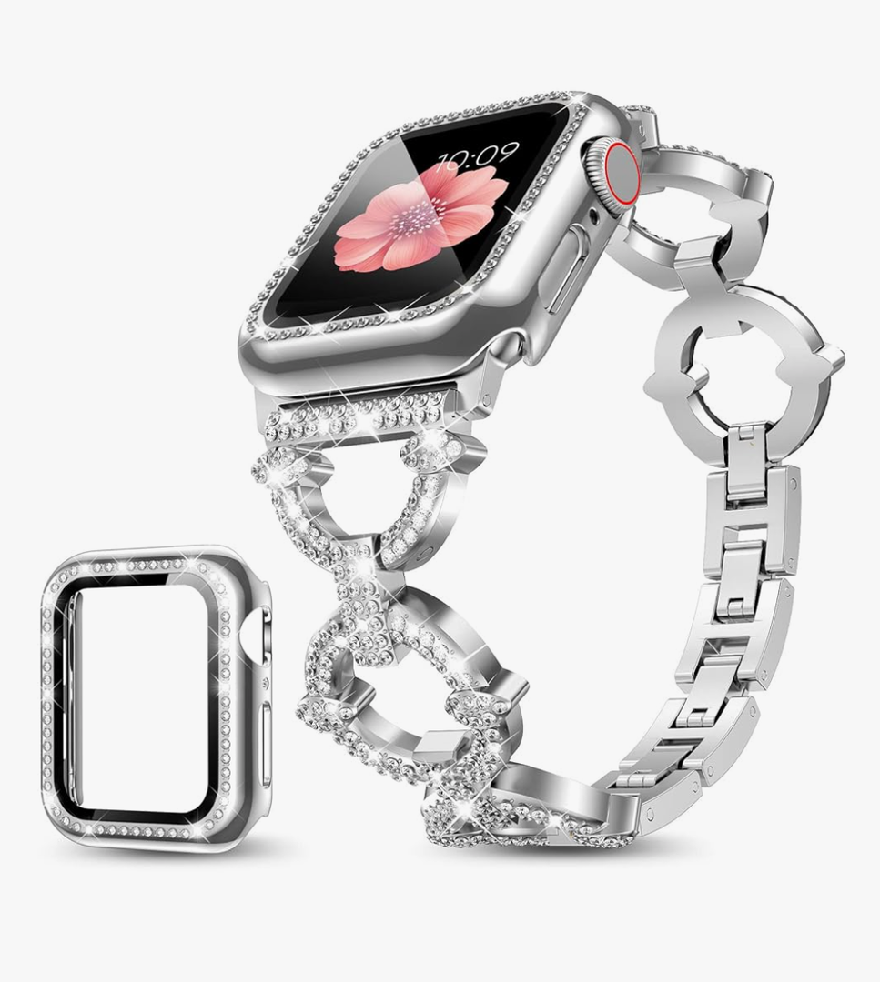 Mesime Compatible with Apple Watch Band 38mm 40mm 41mm 42mm 44mm 45mm 46mm, Women Bling Jewelry Bands with Tempered Glass Screen Protector Case, Shiny Strap for iWatch Series 10/9/8/7/6/5/4/3/2/1/SE