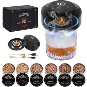 Electric Whiskey Smoker Kit With Light Modes, No Butane Needed, Rechargeable Cocktail Smoker Kit with LED Display & 6 Wood Chips, Old Fashioned Smoker Kit Bourbon Gifts for Men Dad Him