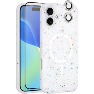 MZELQ for iPhone 16 Case, Compatible with MagSafe, Shower Grey, Shockproof, Drop Proof, Ultra-Slim, Diamond Camera Protector, Screen Protector, Silicone Designed for iPhone 16 Case