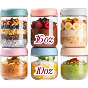 CATIFLIN 6-Pack Overnight Oats Containers with Lids, 16oz & 10oz Glass Mason Jars, Airtight Wide-Mouth Food Storage Containers for Meal Prep, Yogurt, Salad, Snacks, Chia, and Baby Food