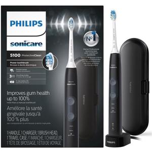 Philips Sonicare ProtectiveClean 5100 Rechargeable Electric Toothbrush, with Pressure Sensor, 3 Cleaning Modes, SmarTimer and QuadPacer, 14-Day Battery Life, Travel Case, Black, Model HX6850/60