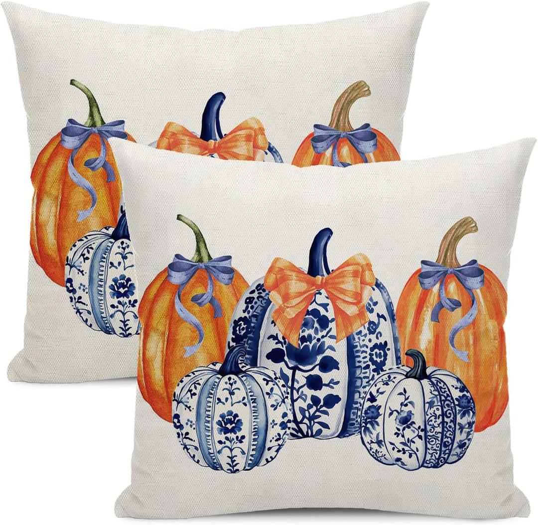 Fall Pillow Covers 16x16 Pack of 2 Chinoiserie Blue and Orange Pumpkin Throw Pillow Covers Outdoor,Fall Thanksgiving Decoration Pillowcase Autumn Farmhouse Linen Cushion Case for Couch Sofa