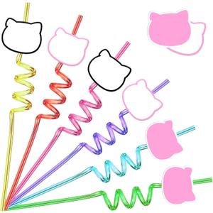 AMFZON 24 Kitty Birthday Party Favors Reusable Plastic Cat Drinking Straws 6 Designs for Kids Party Goodie Bags Stuffers Supplies