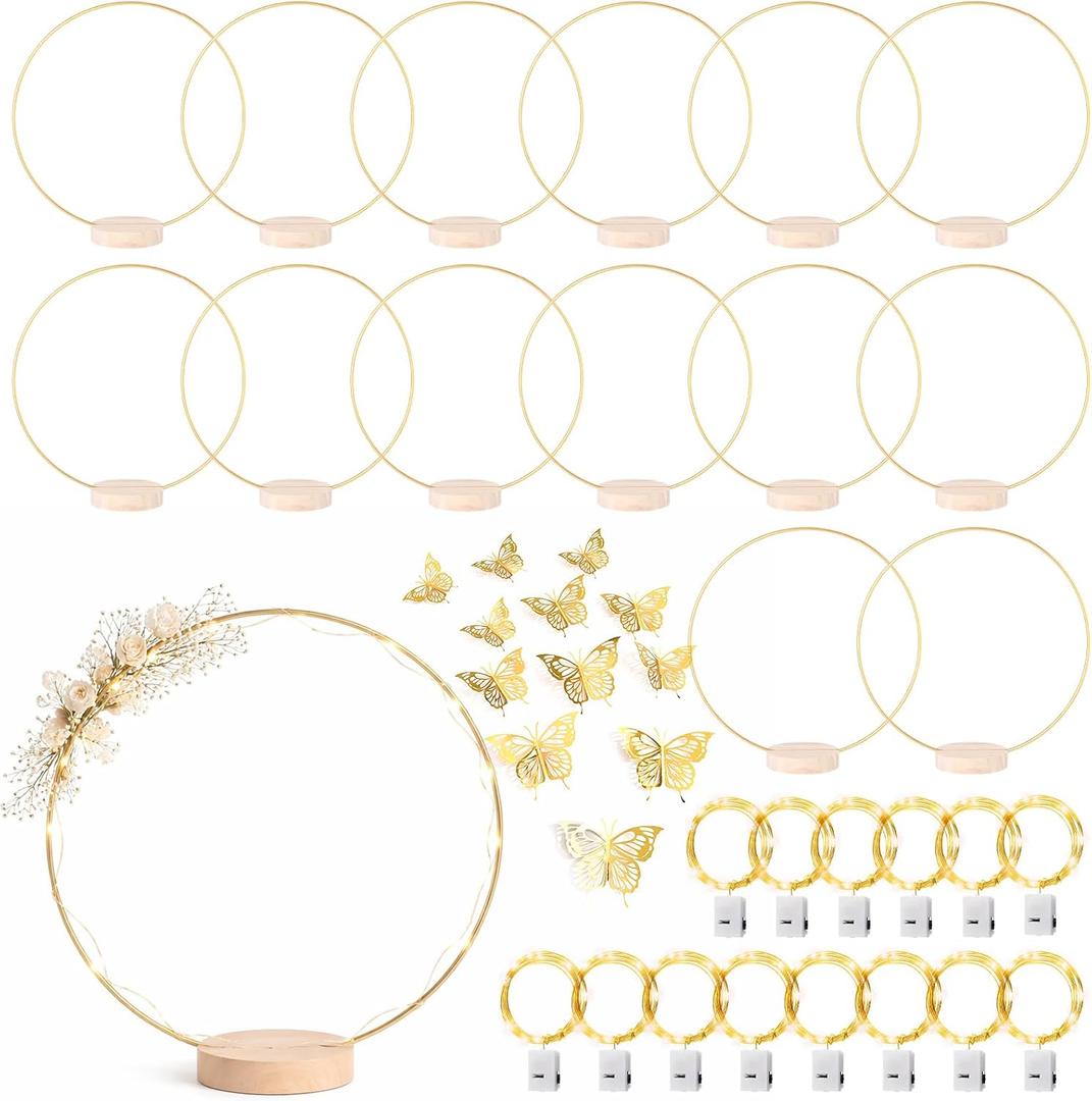 14 Pack Floral Hoop with Stand and LED Fairy Lights 14 inch Metal Rings for DIY Centerpiece Table Decorations Crafts Macrame Rings Hoop Wreath Dream Catcher Rings Wedding Christmas Wreaths, Gold