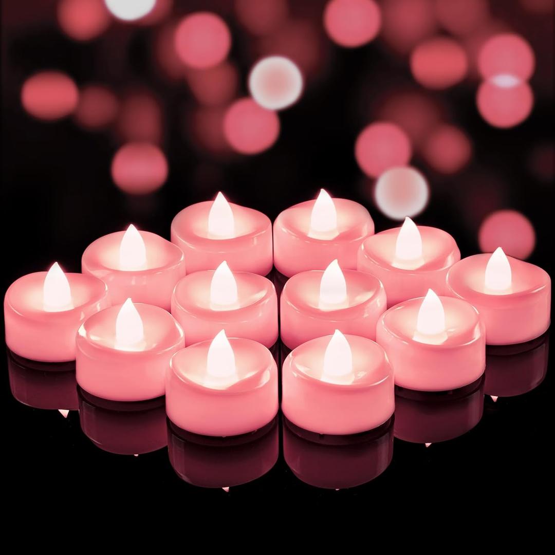 LED Candles, 24 Pack Tea Lights Candle Battery Operated, Flameless Tealight Votives, Realistic Tea Lights for Wedding Home Party Decor -D 1.5" x H 1.25" -Pink Light