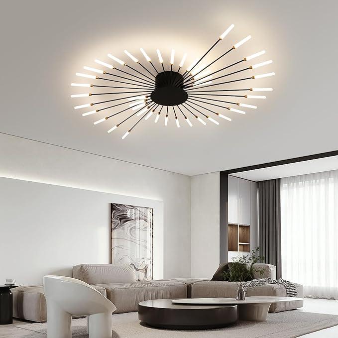 JAYMP 50.4“ Ceiling Light Modern Flower Shape Ceiling Lamp for Living Room Dining Room Flush Mount Metal Acrylic Sputnik Firework Petal LED Lighting Fixture (Matte Black, 42 Lights)