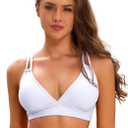 SHEKINI Women's Bikini Top V-Neck Double Strap Pleated Backless Crossover Adjustable Push Up Beachwear Bathing Suit Top (White, Small)