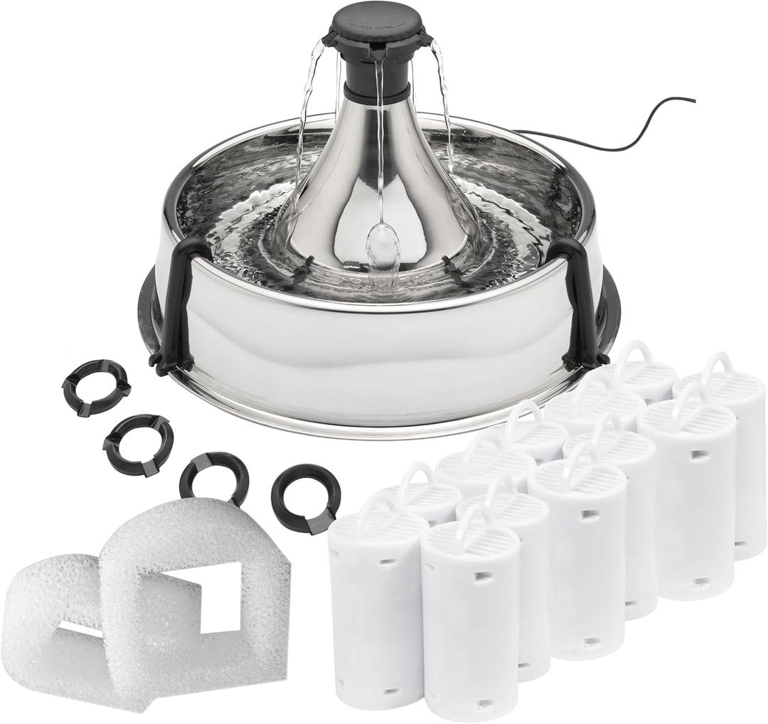 PetSafe Drinkwell Stainless Multi-Pet Pet Fountain with Extra 12-Pack of | Customizable 1-5 Water Streams, Rust/Scratch-Resistant Stainless Steel, 12 Carbon + 2 Foam Filters Included