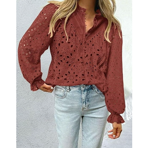 PRETTYGARDEN Women's Dressy Casual Blouse Tops Fall Puff Long Sleeve Button V Neck Hollow Out Lace Embroidered Shirts,  Size S
