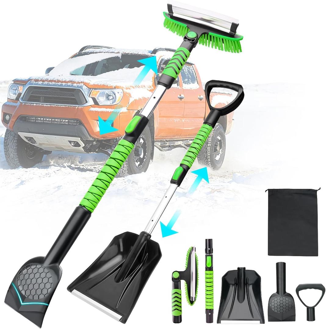 43.3'' Snow Shovel & Snow Brush with Ice Scrapers for Car Windshield,5-in-1 Extendable Thicken Aluminum Tube,180 Pivoting Brush Head & Foam Grip for Christmas, Cars, Trucks, SUVs, VehicleGreen