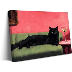 CCZ Framed Funny Black Cat With Martini Canvas Wall Art Cocktail Bar Cart Painting Picture Wall Decor Quirky Whimsical Eclectic Bar Decor Poster Print Artwork for Bar Kitchen Bathroom Bedroom (16"L x 12"W)