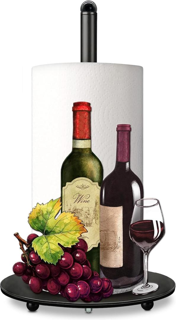 Hexagram Wine Decor Paper Towel Holder - Rustic Country Kitchen Countertop Decor for Red Wine Lovers - Cute Farmer Grape Housewarming Gift for Enophile