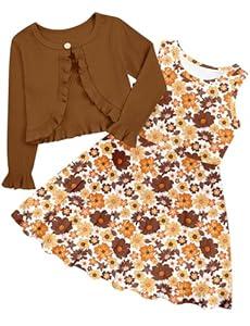 Girl Dress Size 7 8 Girls Sleeveless Floral Dress for Kids Long Sleeve Cardigan Brown Sundress Kids Winter Fall Clothes Outfits Playwear