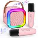 Mini Karaoke Machine for Kids Ages 2-12, Portable Wireless Karaoke Speaker with LED Party Lights & 2 Wireless Microphones, Perfect Birthday & Holiday Toys Gifts for Girls Boys（K12-Pink）