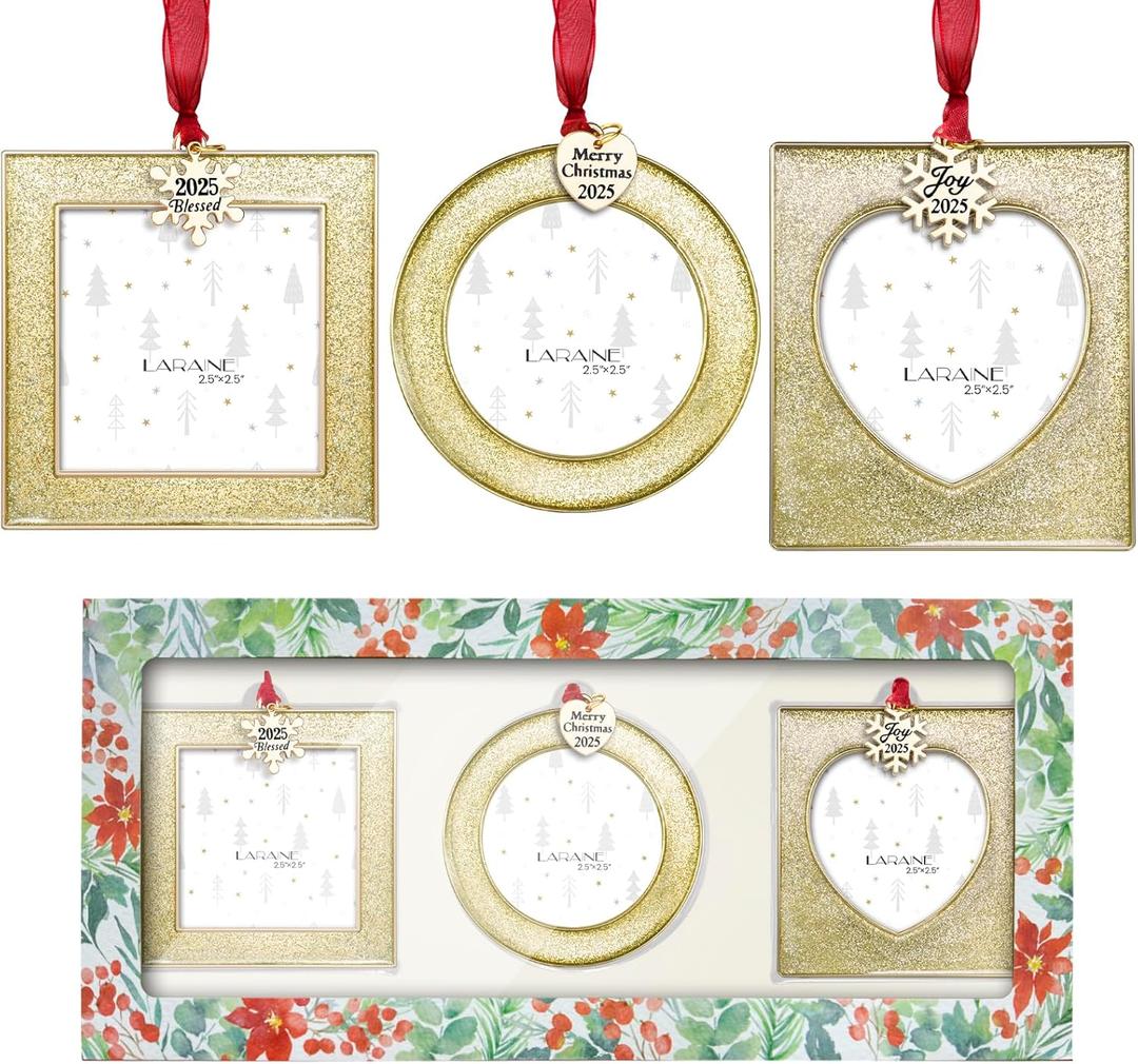 Laraine Christmas Tree Ornaments 3 Pieces  Decorative Hanging 2025 Pendant with 2.5 Picture Frame Insert Pet Holiday Keepsake Gift (Gold (2025))