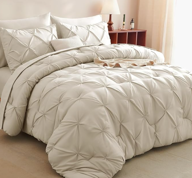 CozyLux King Size Comforter Set Oatmeal, 7 Pieces Pintuck Bed in A Bag Oatmeal Comforter King Size, Pinch Pleat Bedding Set with All Season Comforter, Sheets, Pillowcases & Shams 