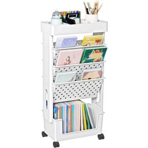 5 Tier Rolling Utility Cart Multi-Functional Movable Storage Book Shelves with Lockable Casters for Study Office Kitchen Classroom, White
