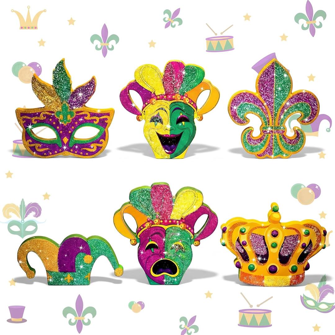 Youyole 6 Pieces Mardi Gras Wooden Table Decorations Carnival Glitter Wood Tiered Tray Decor Rustic Mardi Gras Decorations for Office Desk Farmhouse Home Kitchen Tray Decor Shelves Table Centerpiece