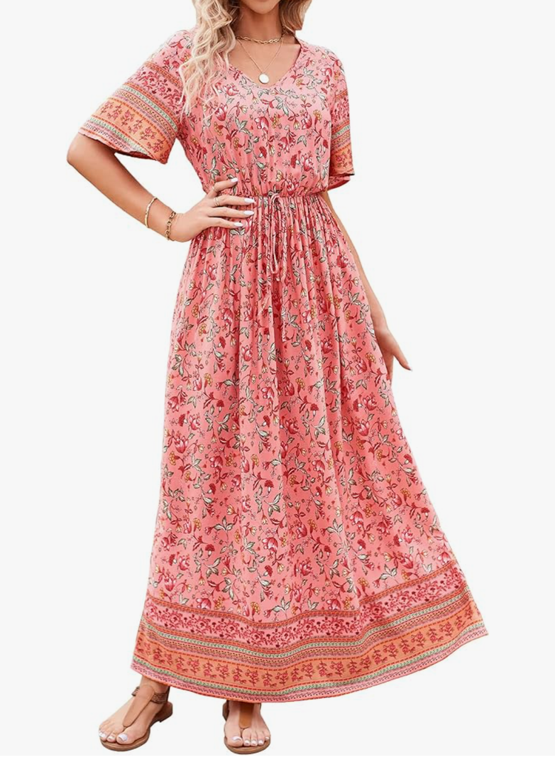 PRETTYGARDEN Women's Casual Summer Boho Floral Print Dress V Neck Short Sleeve High Waist Long Maxi Beach Dresses S