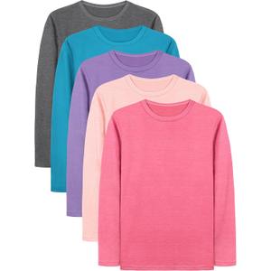 Cooraby 5 Pack Girls Long Sleeve Tees Girls' Soft T-Shirts Kids Basic Crewneck T-Shirts Top for Teen Youth Girls, 2T-14Y (13-14 Years, Gray, Hot Pink, Light Pink, Light Purple, Blue)