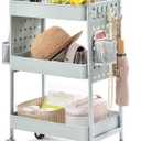 TOOLF 3-Tier Rolling Cart, Metal Utility Storage Cart with DIY Pegboards, Art Craft Trolley with Baskets Hooks, Serving Organizer Easy Assemble for Office, Home, Kitchen, Classroom (Green)