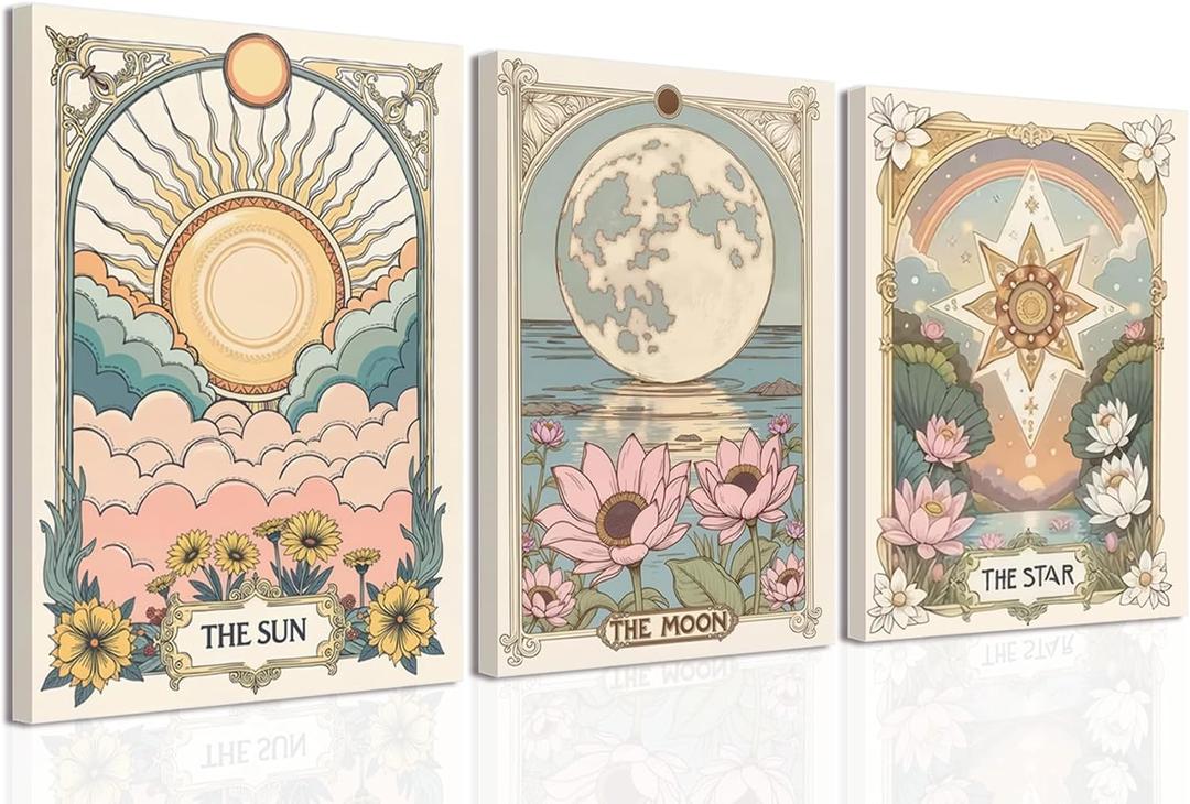 Sun and Moon Celestial Wall Art Set of 3 Vintage Tarot Astrology Canvas Wall Decor Sun Flower and Full Moon Lotus Posters Prints Picture Painting for Living Room Bedroom 12x16 In Framed