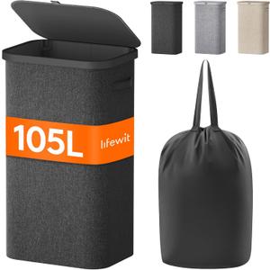 Lifewit 105L Laundry Basket with Lid, Large Laundry Hamper with Plastic Handles and Removable Bag, Foldable Tall Dirty Clothes Hampers for Laundry for Laundry Room, Bedroom, Bathroom, Dorm, Dark Gray