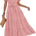 dowerme Womens Summer Dresses 2025 Short Sleeve Button Tie Waist Beach Vacation Clothes Boho Flowy Tiered Maxi Sundress (XX-Large, Grey Pink)