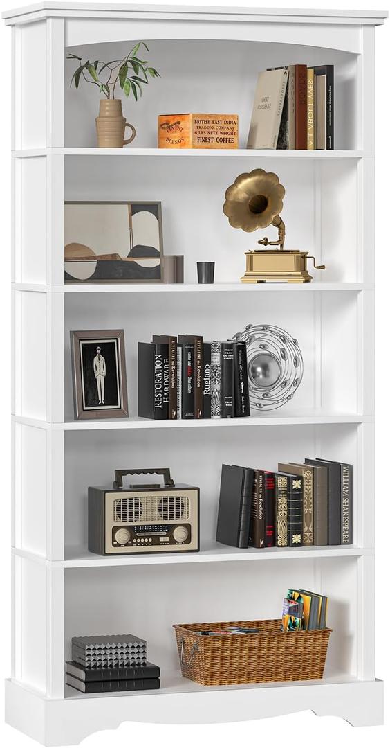 TVU 5-Tier Wooden Bookshelf, 65 Inch Tall Bookshelf with Storage, Floor Standing Modern Style Display Bookcase for Living Room, Office, Study Room, Entryway, White