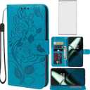 Case for OnePlus 11 Case, One Plus 11 5G PHB110 Wallet Case with Tempered Glass Screen Protector, Flower Leather Flip Credit Card Holder Stand Phone Cover Cases for OnePlus 11 5G Blue