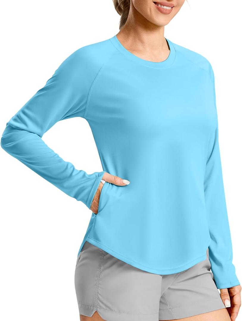 Women's UPF50+ Sun Protection Shirts with Zip Pocket Long Sleeve Workout Tops for Swimming Hiking Quick Dry Rash Guard (Medium, Blue)