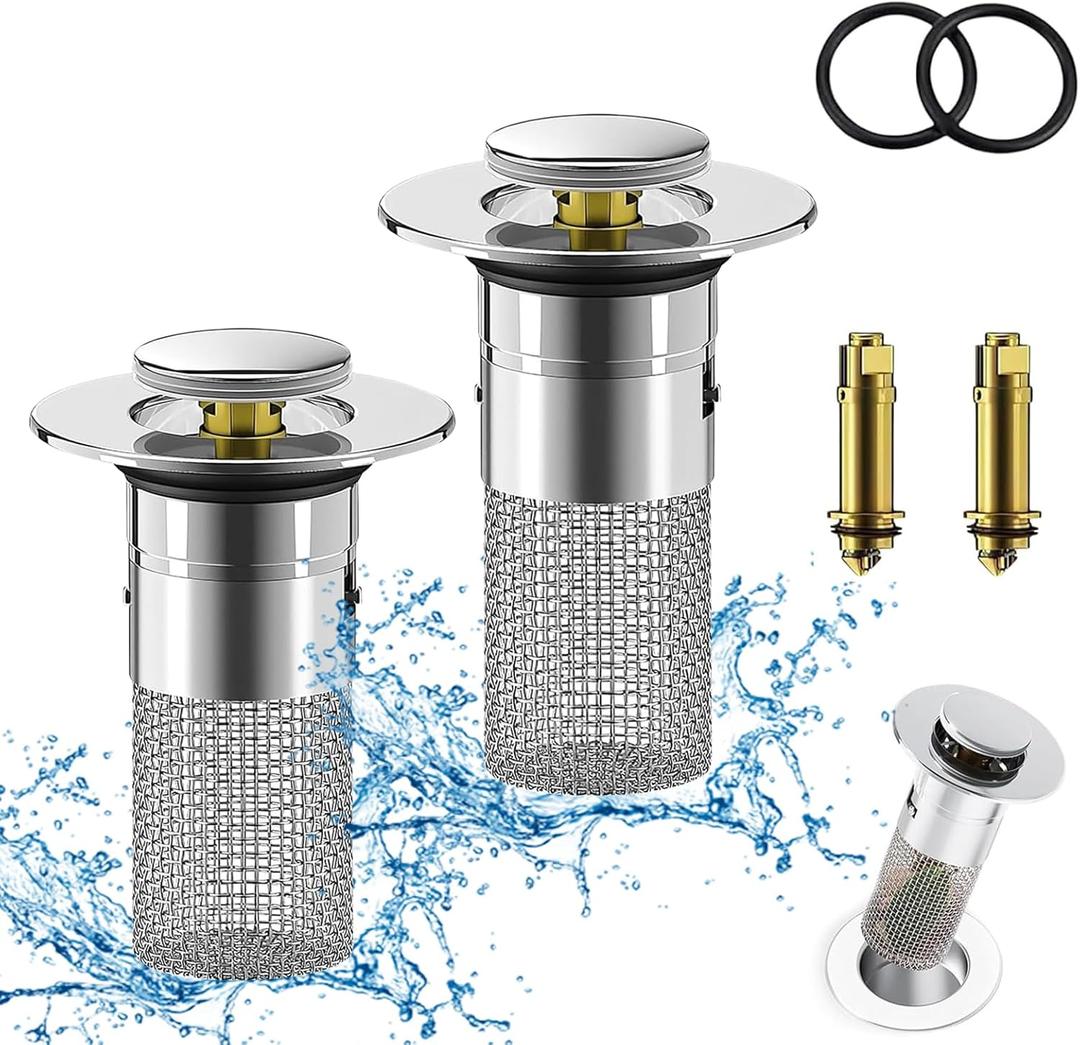 Bathroom Sink Drain Strainer, Pop-up Sink Drain Strainer with Removable Stainless Steel Strainer Basket Hair Catcher, Bathroom Sink Strainer for Bathroom Sink Stopper Replacement(2PCS)