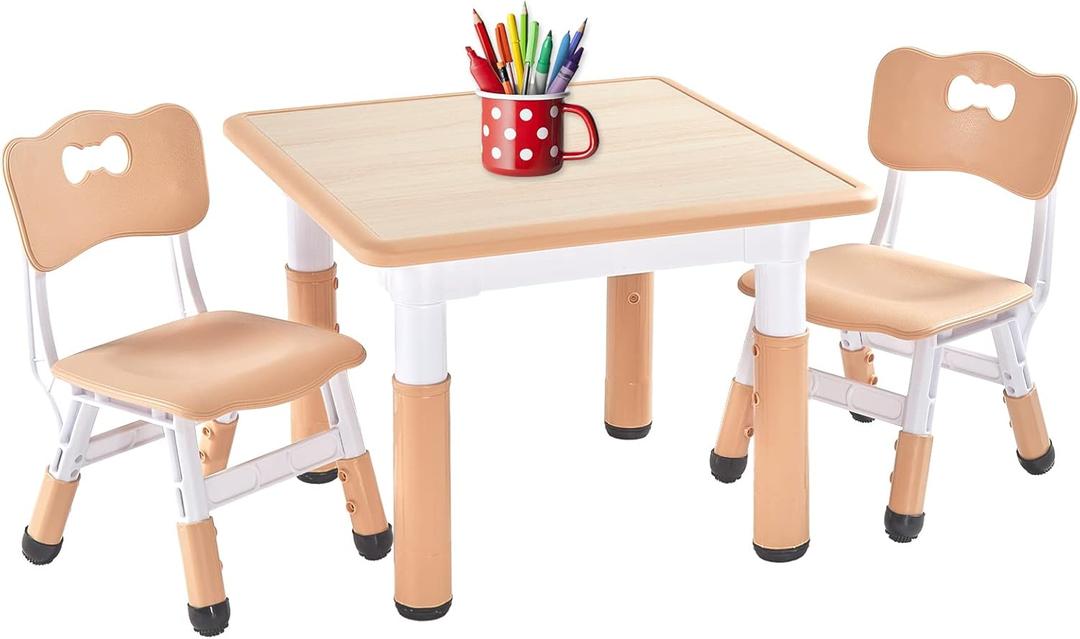 FUNLIO Kids Table and 2 Chairs Set, Height Adjustable Toddler Table and Chair Set for Ages 3-8, Easy to Wipe Arts & Crafts Table, for Classrooms/Daycares/Homes, CPC & CE Approved ( 23.5in*23.5in, 3pcs Set) - Natural