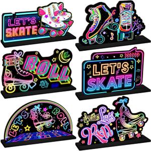 6 Pcs Roller Skating Party Decorations Roller Skating Wooden Centerpieces Table Toppers Let's Skate Table Decor for Baby Shower Birthday Party Favors Supplies