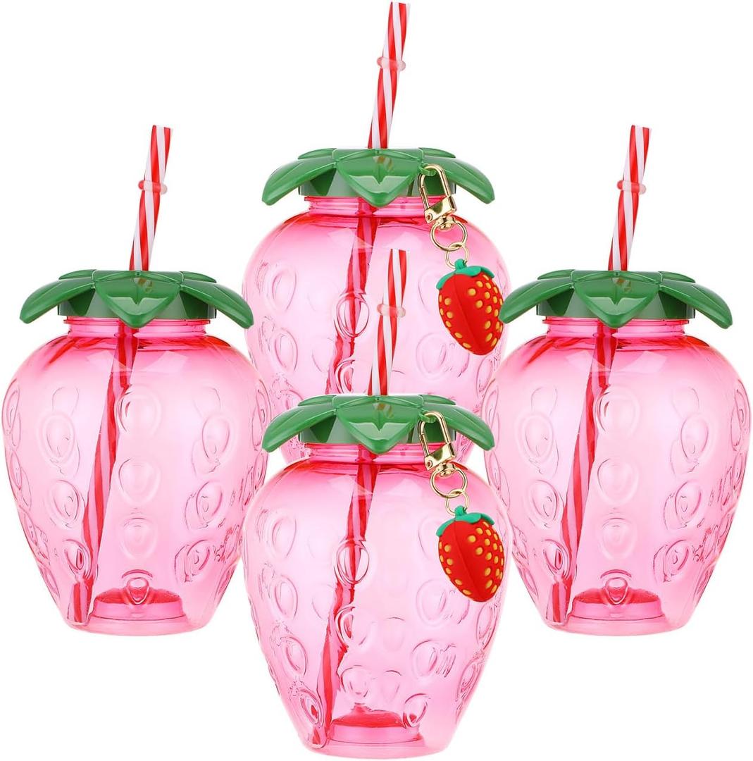 Gadpiparty 4pcs Strawberry Cups, Strawberry Tumbler with Lid And Straw, Fruit Cups for Summer Parties Hawaiian Themed Events and Kids Drinks