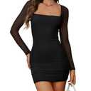 HYPERFIRE Women's Mesh Long Sleeve Square Neck Tie Back Mini Dress Cocktail Party Club Dresses Going Out Black X-Small