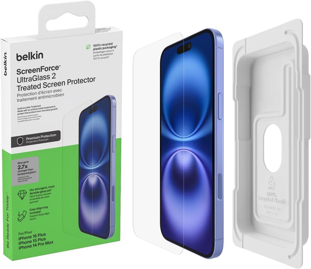 Belkin ScreenForce UltraGlass 2 Treated Screen Protector for iPhone 16 Plus, 15 Plus, & 14 Pro Max - Slim & Scratch-Resistant, 9H Hardness w/Slim Design & Easy Align Tray for Bubble-Free Application (std)