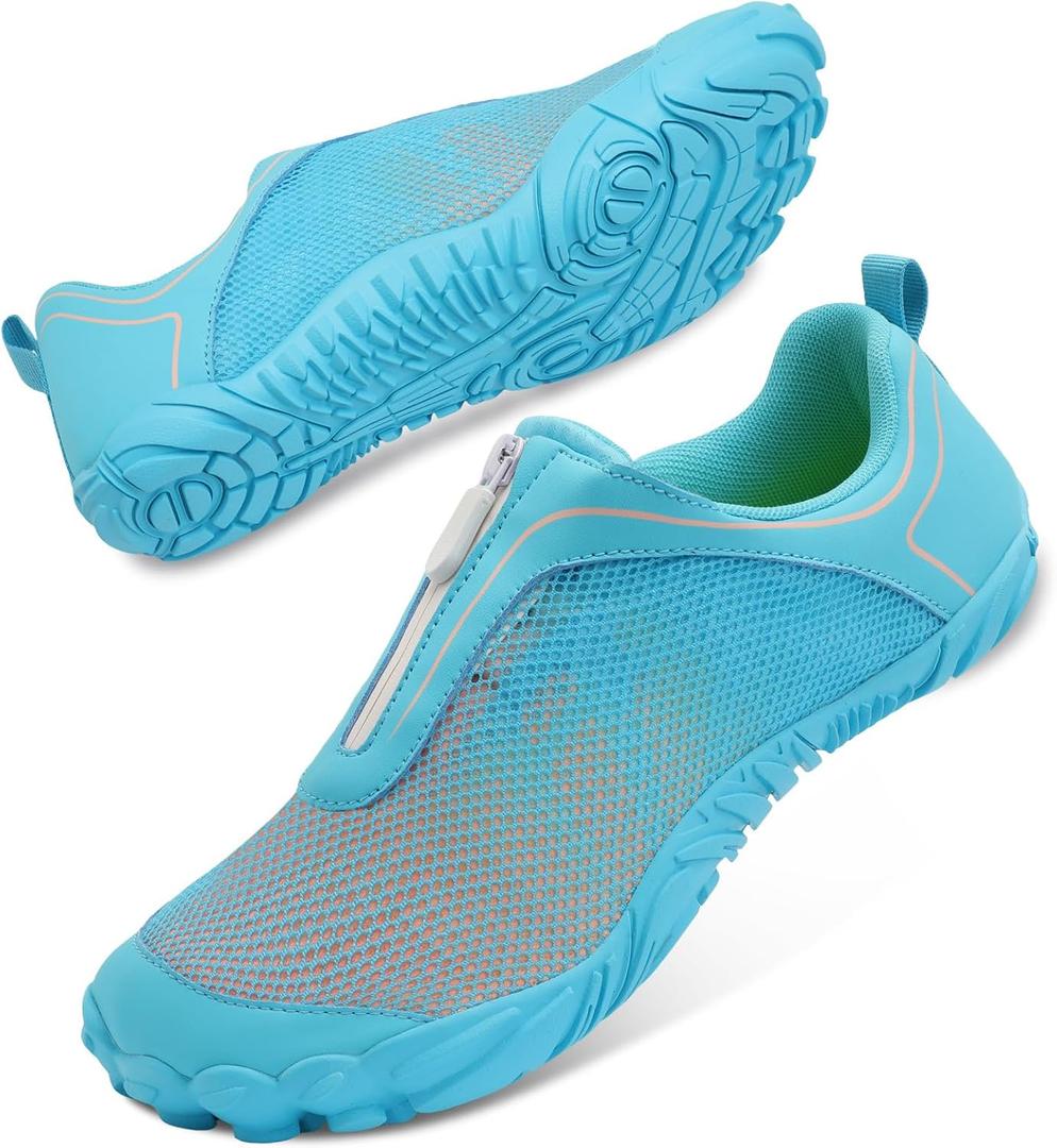 Scurtain Unisex Mens Womens Water Shoes Athletic Sports Aqua Shoes Barefoot Hiking Water Shoes Quick Dry Yoga Pool Swim Surf Beach Walking Shoes with Zipper (8.5 Women/7 Men, Gra Blue)