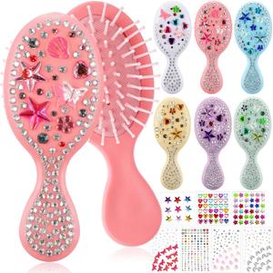 6 Pcs DIY Mini Hair Brush Set with Gem Stickers, Make Your Own Hair Brush Rhinestone Self-adhesive Stickers DIY Craft Kit Accessories for Women Party Gifts(13 Pcs,Colorful)