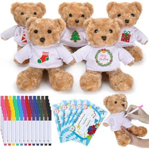 Blueweenly 20 Pcs 5 Set Graduation Make Your Own Stuffed Animal Teddy Bear Kit Including 5 9.84 Inches Velvet Animal with T Shirts and Markers for Graduates DIY Craft Gift(Khaki,Bear)