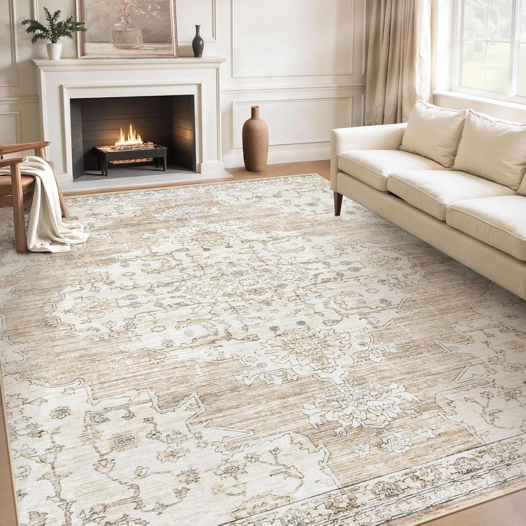 8x10 Area Rugs Washable Rug:Large Vintage Living Room Rugs with Non-Slip Backing Low Pile Rug Soft Indoor Floor Thin Carpet Non Shedding Neutral Carpets for Bedroom Dining Room Farmhouse Nursery Beige
