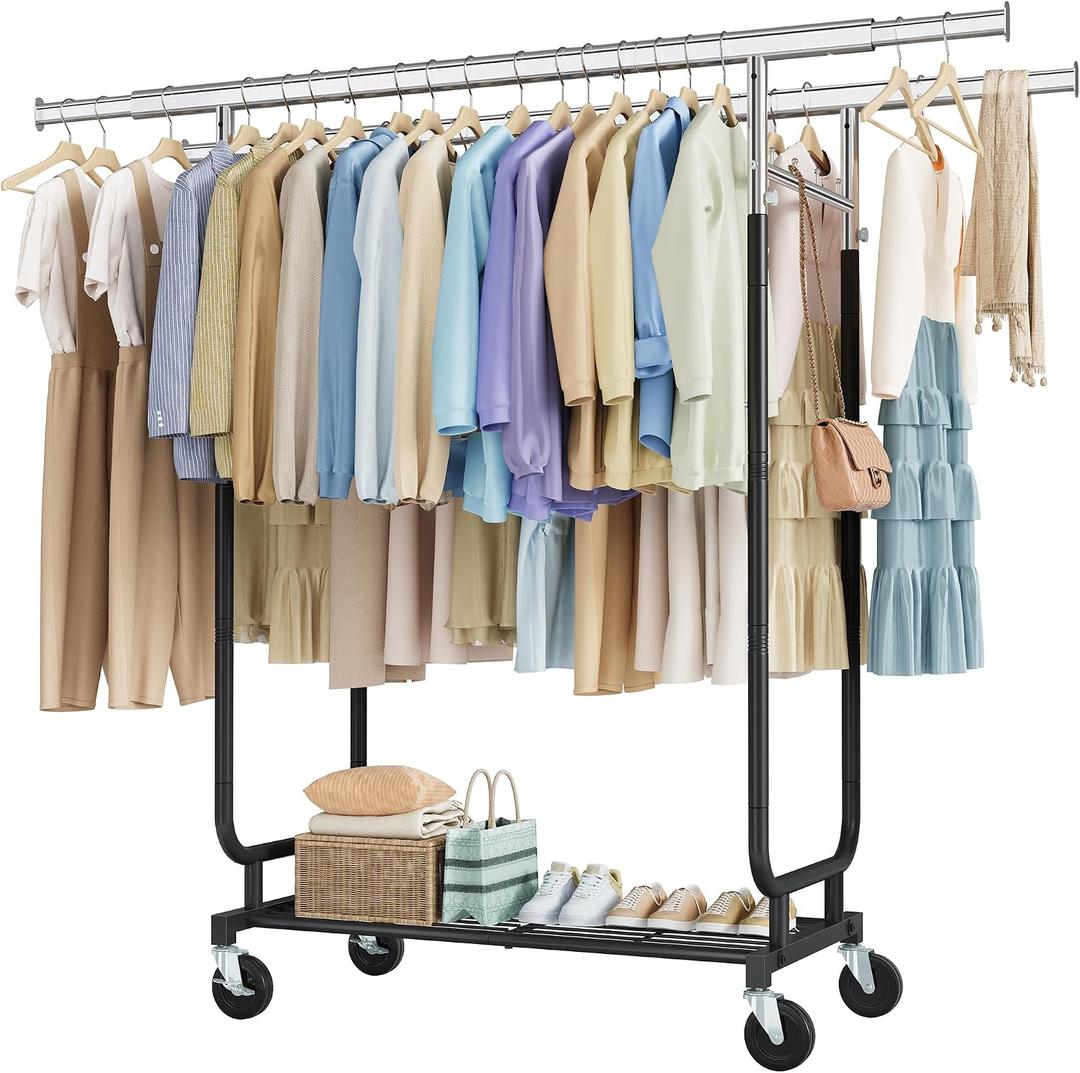 Heavy Duty Rolling Clothes Rack, 620 LBS Load Double Rod Adjustable Garment Rack with Storage Shelf, Portable Clothing Rack for Hanging Clothes for Bedroom, Laundry Living Room, Black, 15.7"W