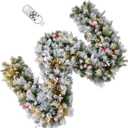 9FT Flocked Prelit Garland with Dual Color LED Lights and Timer by Remote Control and Batteries Operated, Home Mantle Stairs Railing Fireplace Outdoor Indoor Wall