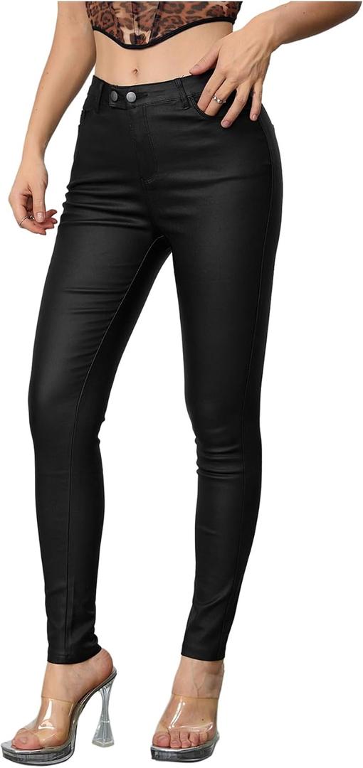MakeMeChic Women's Faux Leather Stretch Skinny Pants High Waisted Double Button Leggings Club Party Pants (XXL)