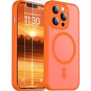 SPIDERCASE Magnetic for iPhone 13 Pro Max Case, Translucent Matte Case with 2PCS Tempered Glass Screen Protector Anti-Scratch Anti-Fingeprint Slim Phone Case for iPhone 13 Pro Max 6.7''Orange