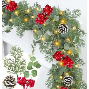 Prelit & Timer - 6 Ft Christmas Garland with Lights, Real Touch Cedar Garland Soft Bendable Eucalyptus Cypress Pine Garland with Pinecone Berry Greenery Christmas Garland for Mantle Fireplace Table