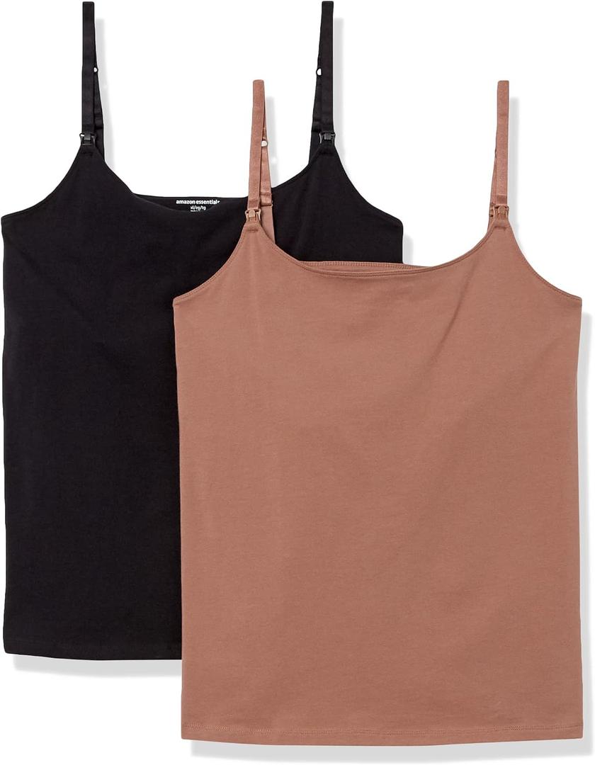 Amazon Essentials Women's Maternity Nursing Tops, Pregnancy Clothes with Adjustable Straps and Built-in Shelf Bra, Pack of 2 (Black, XL)